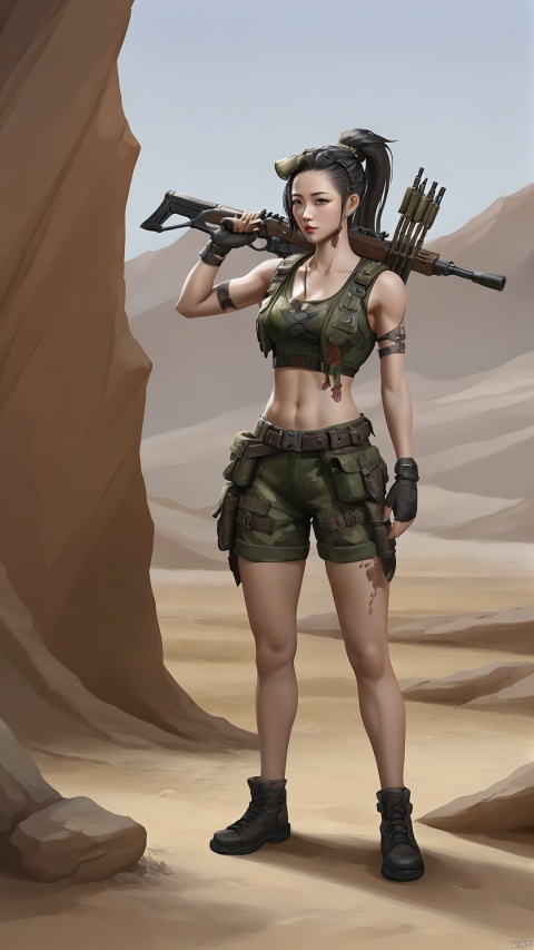 The Chinese celebrity woman wore worn-out camouflage shorts and a simple sports vest, showing off her toned figure and smooth skin. A simple ammunition bag made of discarded bullet casings and leather was hung on his body. His hair was naturally scattered, with a wild flower on his head. Holding a short bow and quiver, she is agile and agile, like a hunting queen in the wasteland, walking among the ruins to protect herself and her companions.