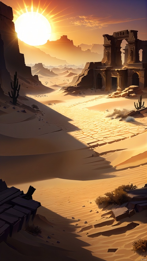 A desert of withered ruins, with the sun scorching down on the parched land. This place was once the remains of a glorious civilization, but now all that was left were crumbling walls and dead trees. A dry smell permeated the desert, and the wind carried sand and dust as it blew by, obscuring the view in the distance