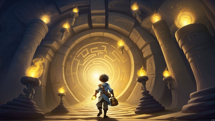 In a mysterious maze, an explorer holds a torch and bravely explores the unknown passage. The camera follows his footsteps, capturing his tension and excitement as he faces various dangers and obstacles in the maze. Surrounded by intricate passages and ancient stone carvings, it gives people a sense of excitement and excitement of adventure and exploration.
