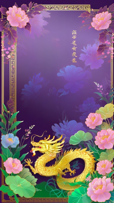 (Fantasy color) Purple Dragon King, design border, grass, Xiangyun flowers, full, with Chinese traditional Oriental rhymes