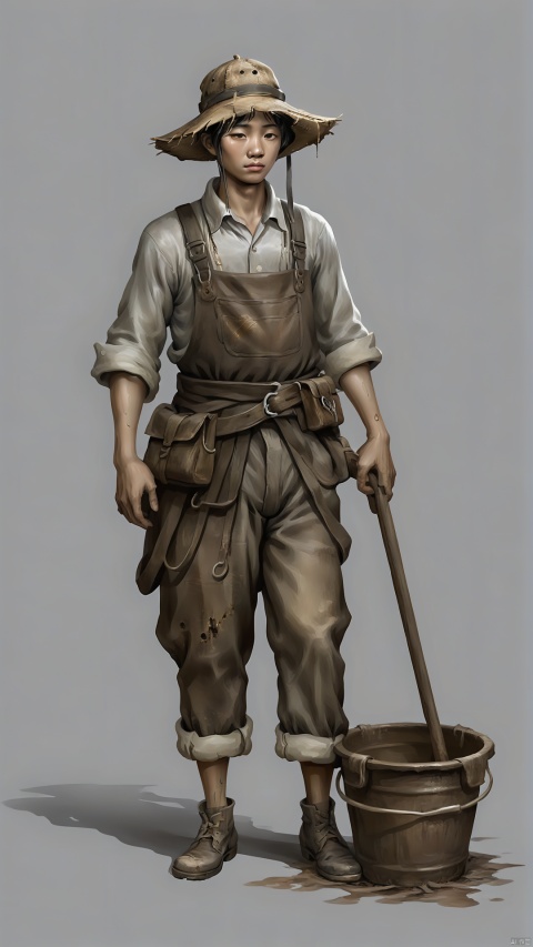 The Chinese girl's tattered Chinese work clothes, stained with dirt and oil, with faded gray stockings, look tired and tough. He wore a tattered straw hat that shielded most of his face, revealing only his industrious eyes. Holding an abandoned iron bucket