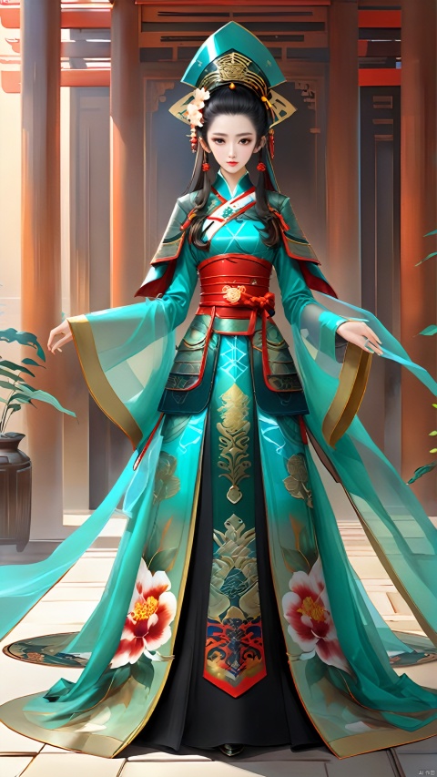 (Fantasy national style armor mechanical style) ancient style rhyme, a front mechanical ancient style girl, ancient style transparent trench coat, clever fusion of design and the mysterious beauty of oriental tradition
