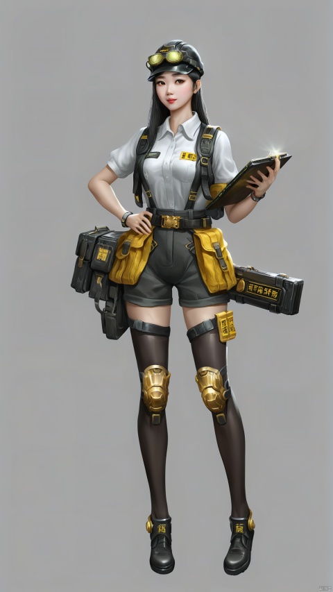 Chinese girl a set of engineer clothing, decorated with gold cargo details, with a pair of simple gray stockings, showing the career and strength. Wearing a black engineer's hat, his eyes reveal his love and dedication to science and technology. Holding a high-tech tool for waste soil improvement, she is a technology engineer in waste soil, changing the future of waste soil with her technology and innovation
