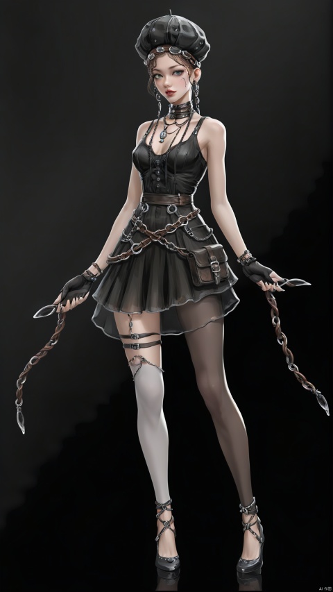 A peculiar dress made of discarded fashion clothes with a flowing skirt, showing her unique insights and creativity in fashion. Paired with transparent stockings, she outlined her slender legs, and she wore a pair of black high heels decorated with rivets and chains. Her hair is braided into a delicate bun, she wears a fashionable hat on her head, and several strings of fashionable design bracelets hang on her arms. Her eyes reveal her love for fashion and her pursuit of creativity