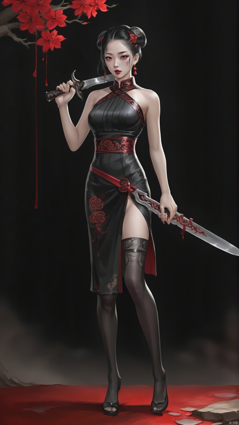 The Chinese girl wears a black Chinese tight-fitting cheongsam, with a bit of damage and blood on the dress, paired with tattered black stockings, revealing knife marks and bruises on her legs. He wore a black veil, revealing only a pair of piercing eyes, and carried an ancient dagger, which was engraved with the marks of hatred