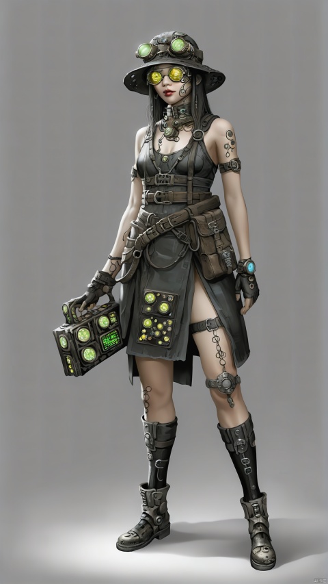 A Chinese girl's Chinese-style gown with holes, embellished with metal ornaments and discarded circuit boards, was paired with gray stockings, exposing scratches and bruises on her legs. Wearing a wide-brimmed black hat, worn goggles and armed with an old technological device, she is a technological explorer in the wasteland, venturing through dangerous ruins in search of technological heritage and secrets