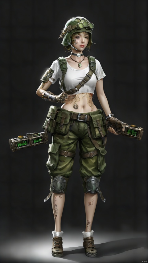  The Chinese-style girl wore a pair of ripped camouflage shorts and a simple white T-shirt, with an old circuit board tied to her chest as a pendant. The skin is exposed to sunlight and carries light mechanical oils and dust. Wearing a steel helmet with a few scuffs on his head, a belt on his arm holding various tools