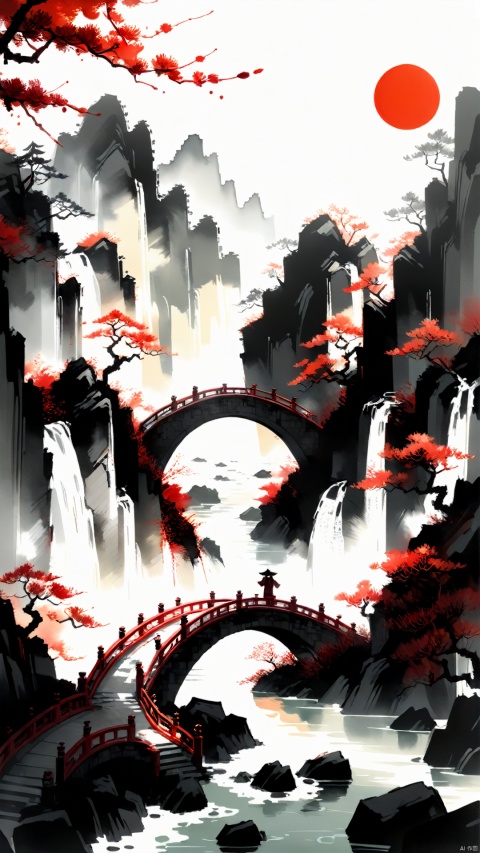 (Chinese Metaphysical Illustration Style: 1.5) (Qi Hua Red Ink Fluttering: 1.5) Between the valleys, there was an ancient immortal bridge spanning over the clear flowing water. The bridge was an ancient structure of red bricks and white tiles, with crimson lanterns hanging from the bridge rails. The willow trees on both sides of the bridge draped their whirling branches and leaves with the Chinese red of the ink blending to form a soft color under the sunlight. The practitioners walking on the bridge are clad in their immortal robes, and the Chinese red ink of the water flowing under the bridge and in the valley is a perfect contrast.