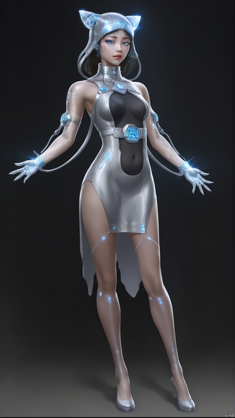 The Chinese girl wears a streamlined silver tight dress, revealing her slender legs, paired with silver stockings, revealing the sophistication and elegance of future technology. A translucent hood is worn on the top of the head, and several soft optical fibers extend from the hood, like starlight in the starry sky. Her body is covered in silver veined tattoos that match the outfit. Holding a crystal-clear future technology controller, her eyes are shining with wisdom and the light of the future. She is the messenger of future technology, moving forward with the unknown and hope.