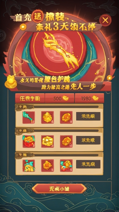 Game cartoon style, red theme, interface activity ui, national tide, Chinese text, pattern, reward, black background