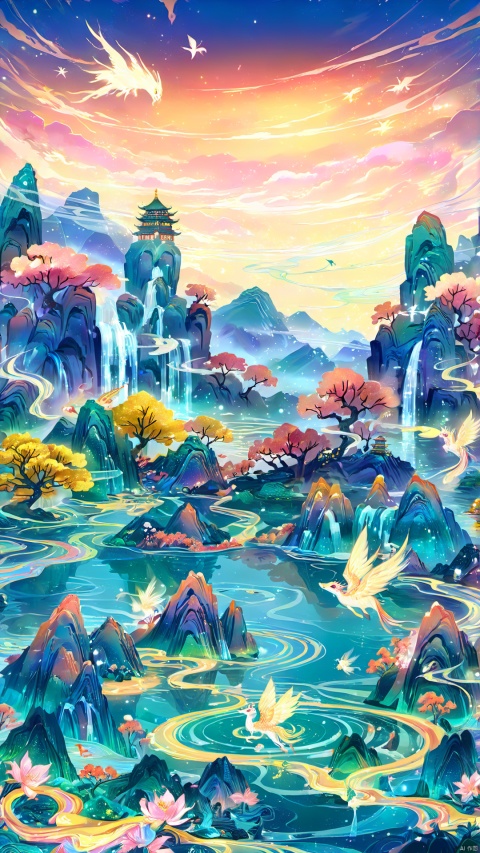 (Fantasy style: 1.5) Ancient architecture (Chinese style) Ancient colors, supernatural energy (cosmic perspective) Around a transparent fairy pond, the digital water curtain presents the exquisite patterns of traditional landscape paintings. People sit around the fairy pond and watch the strange pictures of dragons and phoenixes soaring in the digital water curtain show. The water in the fairy pond is rippling, as if you are in a virtual national tide fairyland