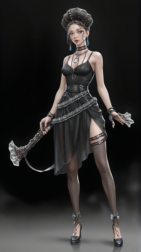 A peculiar dress made of discarded fashion clothes with a flowing skirt, showing her unique insights and creativity in fashion. Paired with transparent stockings, she outlined her slender legs, and she wore a pair of black high heels decorated with rivets and chains. Her hair is braided into a delicate bun, she wears a fashionable hat on her head, and several strings of fashionable design bracelets hang on her arms. Her eyes reveal her love for fashion and her pursuit of creativity