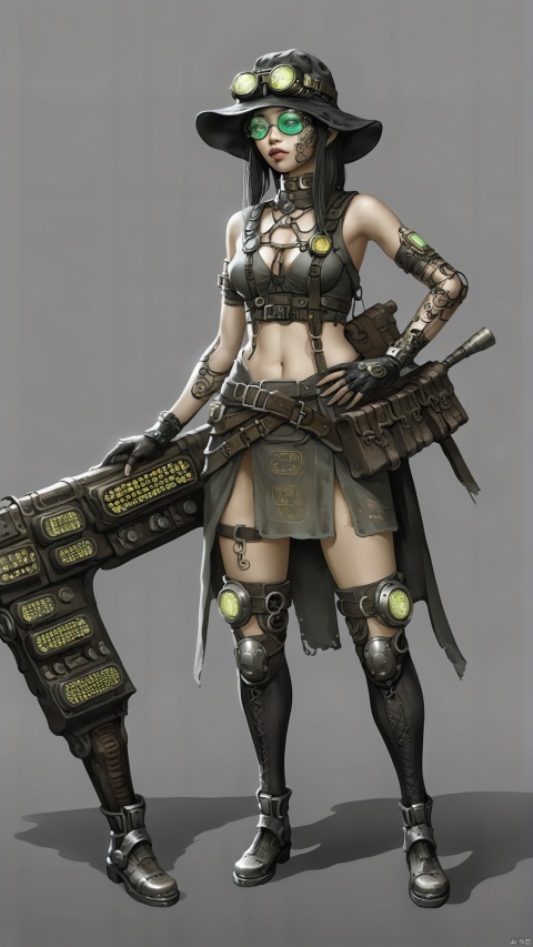 A Chinese girl's Chinese-style gown with holes, embellished with metal ornaments and discarded circuit boards, was paired with gray stockings, exposing scratches and bruises on her legs. Wearing a wide-brimmed black hat, worn goggles and armed with an old technological device, she is a technological explorer in the wasteland, venturing through dangerous ruins in search of technological heritage and secrets