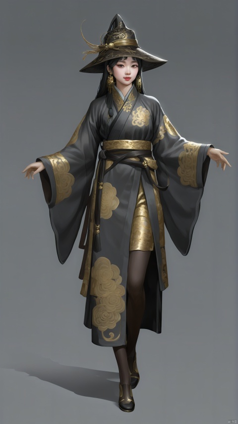 A Chinese girl wears a fashionable Chinese robe, mainly in dark gray tone, with dark brown stockings, which shows the vicissitudes of wastage, but also reveals a trace of fashion and elegance. The robe is dotted with gold patterns and lines, like a touch of luxury in the wasteland. He wore a wide-brimmed black hat with a few golden tassels hanging from the brim, and his eyes revealed a deep intelligence and ease