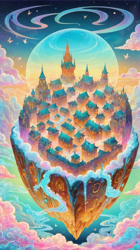 Surrealism, intricate details, above the clouds, a dreamy fairy city floats in the void. Strange runes are carved on the city walls, and the buildings in the city are as transparent as crystal and emit colorful neon lights, as if they are in a fairyland.