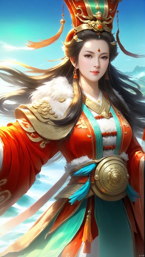 Chinese Ancient Military Round Face Female Commander-in-Chief, game cg (super realistic thick brushstrokes: 1.5) (half-body close-up of a round-faced female heroine), with a face like spring water and flowing hair