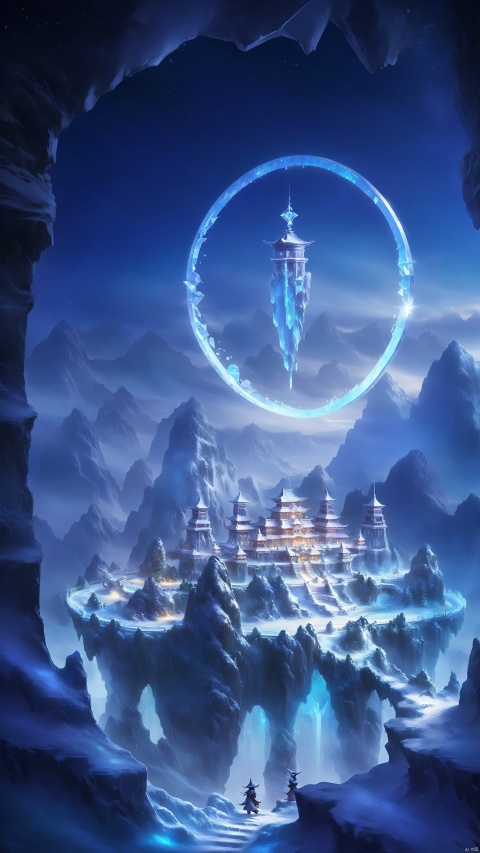 The building is located on a pure white snowfield, surrounded by a crystal clear Chinese-style magic circle. The exterior wall of the building is made of crystal ice and snow, shining with crystal light, like a huge ice crystal palace. When night falls, the fairy mansion is illuminated by the silver moonlight, and the magic circle reflects the white world on the snowfield, like an ice and snow wonderland.