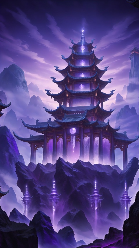 This sect building stands among a group of amethyst stones. The appearance of the building is like a palace built of amethyst gems. The gems emit a deep purple light. The palace is surrounded by a Chinese-style magic circle composed of amethysts. The amethysts in the magic circle exude mysterious magic power. At sunset, the Zongmen building is illuminated by purple light