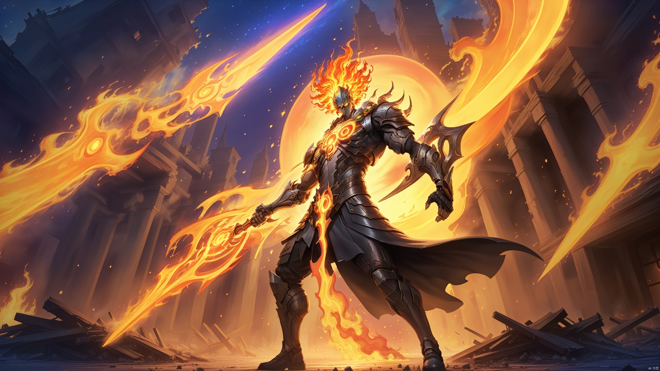  In the ruins of a dilapidated city, a mechanical warrior wields a giant energy sword, with burning flames and crumbling buildings behind him. The camera quickly switches to capture the moment of each swing. The sword light cuts through the night sky, and the flames are in the sky. Dancing around, showing a fierce battle scene, giving people a strong sense of shock