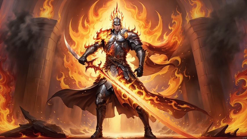 Inside the ancient castle, a brave knight holds a giant sword, preparing to fight the giant monster ahead. The camera followed his movements, capturing his resolute expression and strong figure, surrounded by blazing flames and magical energy, presenting a fierce battle scene that gave people a sense of pride and ambition.