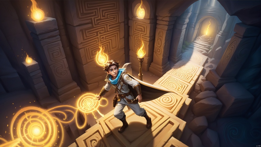 In a mysterious maze, an explorer holds a torch and bravely explores the unknown passage. The camera follows his footsteps, capturing his tension and excitement as he faces various dangers and obstacles in the maze. Surrounded by intricate passages and ancient stone carvings, it gives people a sense of excitement and excitement of adventure and exploration.
