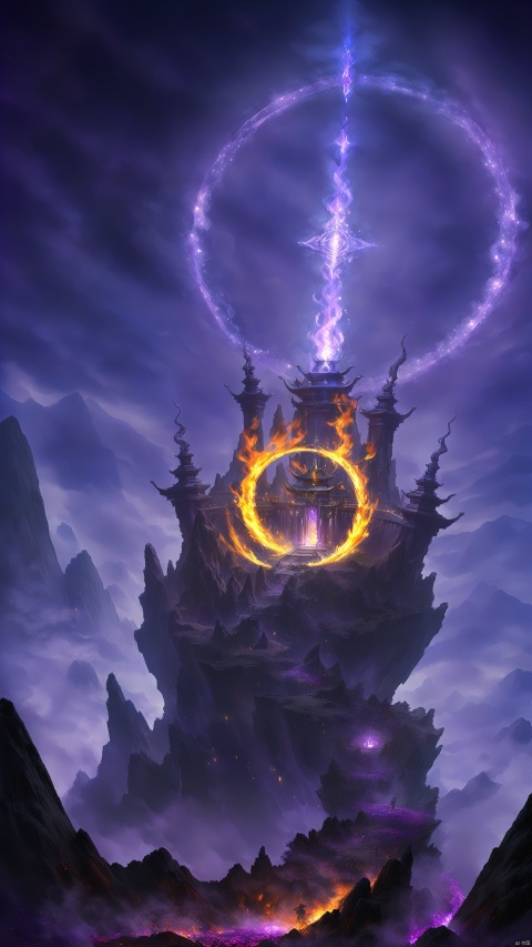 The building stands on the top of a mountain surrounded by purple flames, surrounded by a flaming Chinese magic circle. These magic circles seemed to be made of purple flames, emitting blazing energy. As night falls, the magic circle burns even more fiercely, and the light of the fire illuminates the entire fairy tower, like a city of flames. Practitioners wander in the magic circle and feel the passion and power of the flames.