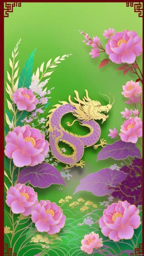 (Fantasy color) Purple dragon King, design border, grass, Xiangyun flowers, full, with Chinese traditional Oriental rhymes