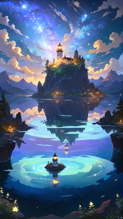 A serene lake with a starry night sky. The lake was as calm as a mirror, reflecting the stars in the starry sky. On the shore of the lake, an ancient lighthouse stands, emitting a soft glow that illuminates the surrounding area. The mountains in the distance loomed in the night, and a mysterious floating island floated in the center of the lake.