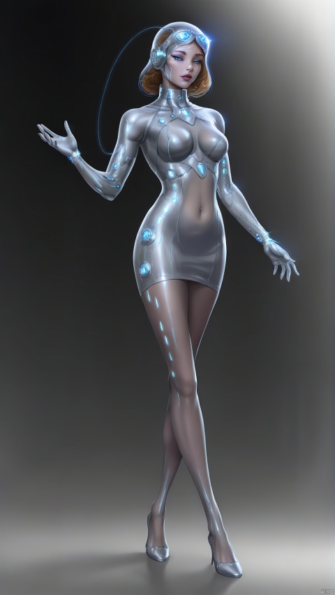 The woman wears a streamlined silver tight dress, revealing her slender legs, and paired with silver stockings, revealing the sophistication and elegance of future technology. A translucent hood is worn on the top of the head, and several soft optical fibers extend from the hood, like starlight in the starry sky. Her body is covered in silver veined tattoos that match the outfit. Holding a crystal-clear future technology controller, her eyes are shining with wisdom and the light of the future. She is the messenger of future technology, moving forward with the unknown and hope.