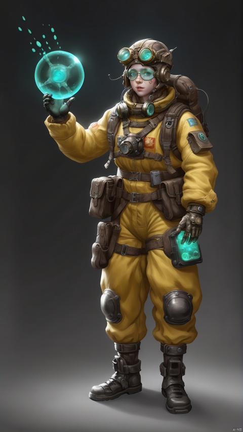 The girl wears a special protective suit covered with alchemical materials and devices. Wearing goggles with a magnifying glass on his head, alchemical gloves wrapped around his arms, and an alchemical bomb in his hand. Her eyes reveal her enthusiasm and exploration of alchemy, and her movements reveal her familiarity and flexible use of wasteland resources. She is an alchemy madman in the wasteland, changing the future of the wasteland with her experiments and creativity.