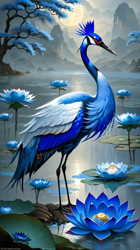 The Blue Lotus Crane is a noble being among the Chinese water elemental creatures. Their feathers are as brilliant as sapphires, sometimes soaring over the water, sometimes walking gracefully along the shore. The Blue Lotus Crane is the guardian of the water elemental realm, and legend has it that their call can call down rain and bring a good harvest to the land!