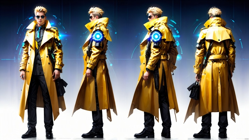  (Multiple views) A stylish futuristic man wearing a distinctive mechanical trench coat on a simple background.