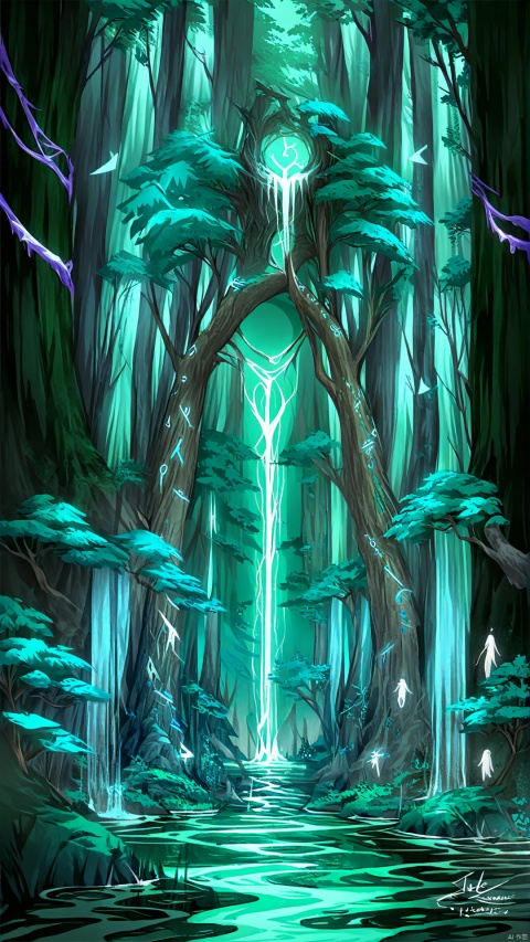 The mysterious forest in the fantasy dimension, the trees are verdant, the forest is filled with the mysterious atmosphere, each tree is a wise man, their trunk is engraved with ancient runes, inherits the power of healing and wisdom. In the depths of the forest, flowing a mysterious stream, the stream exudes a fresh breath, bringing a cool and soothing, so that people's hearts are purified and healed