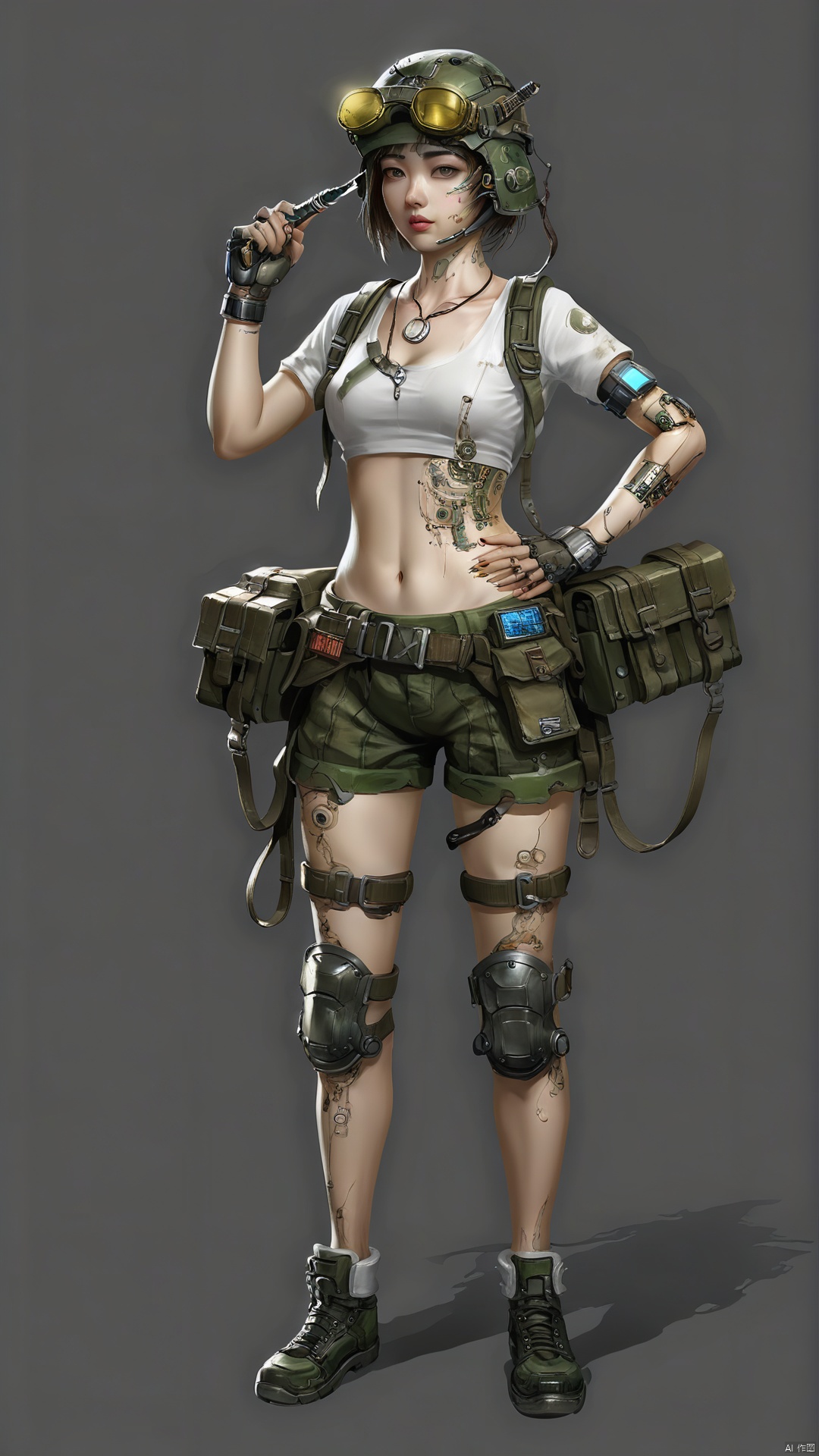  The Chinese-style girl wore a pair of ripped camouflage shorts and a simple white T-shirt, with an old circuit board tied to her chest as a pendant. The skin is exposed to sunlight and carries light mechanical oils and dust. Wearing a steel helmet with a few scuffs on his head, a belt on his arm holding various tools