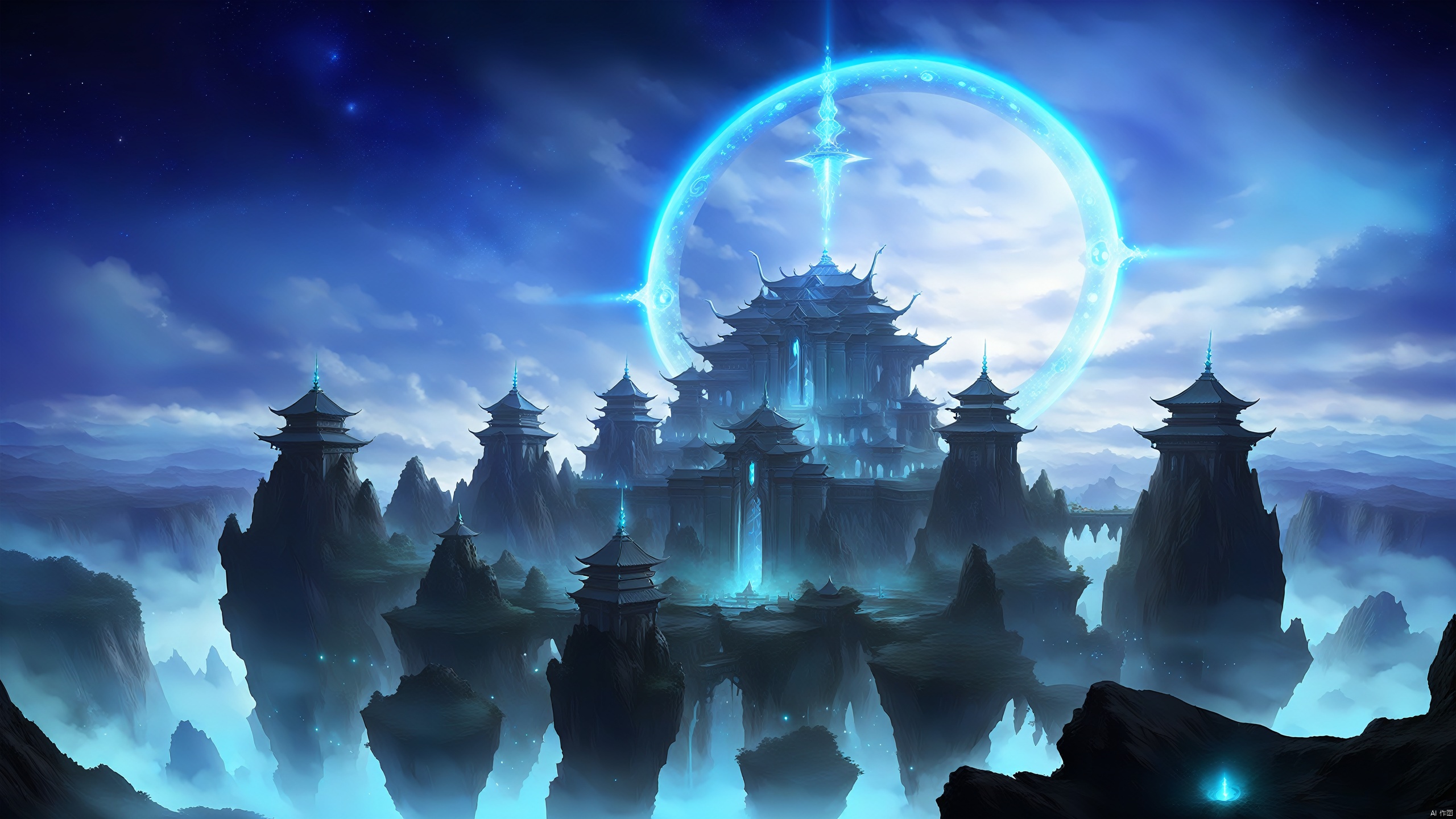 The majestic palace stands at the top of the sky, surrounded by a blue magic circle, solemn and majestic. At night, the palace looms under the moonlight, showing its mysterious cyan color. Practitioners step into it and feel the majesty and solemnity of the magic power.