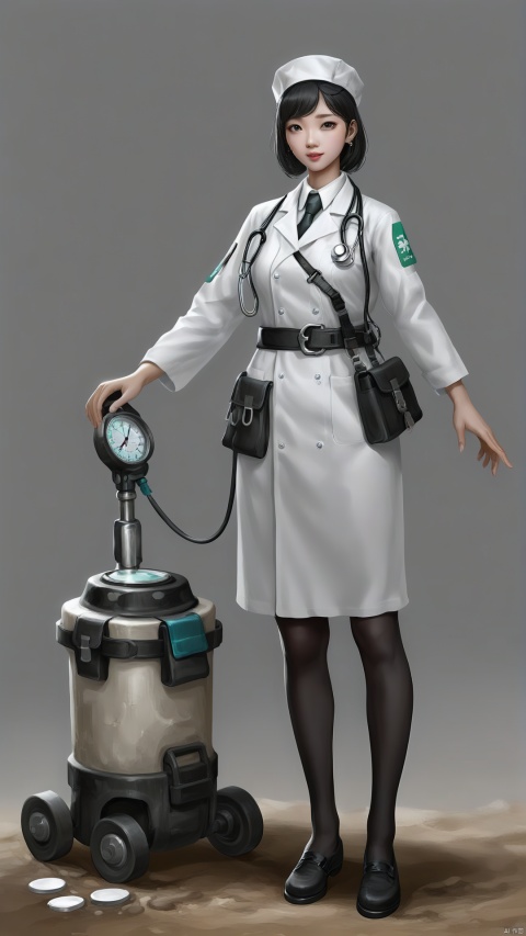 The Chinese girl wears a white doctor's dress, a black belt around the waist, and a pair of simple gray stockings, showing professionalism and calmness. He wears a black doctor's hat and his eyes reveal his passion and responsibility for medicine. Holding a medical device improved on waste soil, he is a medical doctor in waste soil, using his medical skills and wisdom to save lives in waste soil