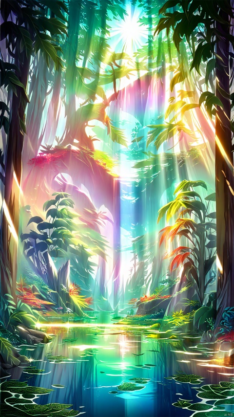 The Valley of Light in the fantasy dimension is a mysterious place shrouded in light, where shining plants grow, and each leaf radiates healing and warmth. The sun shines through the leaves, casting colorful light and shadow, the lake is glittering and translucent, and the creatures in the valley live in harmony, bringing peace and healing to the visitors