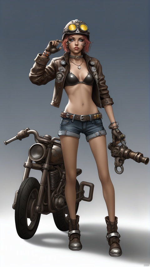 The female wasteland biker wears a simple leather jacket and worn-out denim shorts, with her chest open to reveal her toned body and skin. There are several bracelets made of discarded mechanical parts hanging on her arms. Wearing a leather helmet with several signs of wear and tear, he was holding a motorcycle steering wheel modified from wasteland. Her eyes sparkled with the pursuit of speed and freedom