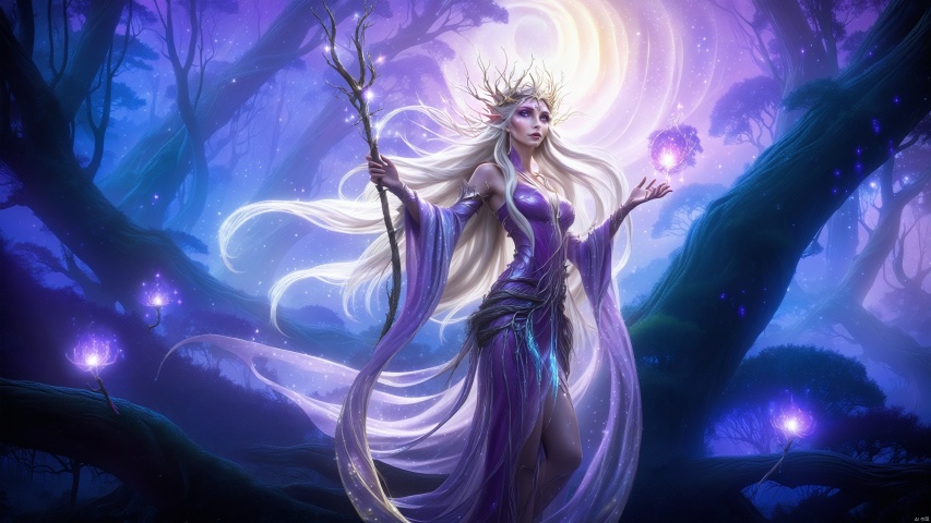 (Special perspective) In a mysterious magical forest, an elf queen stands deep in the woods, with her long hair flowing and holding a staff that shines with magic light. The camera quickly switched to capture the slightly raised corners of her mouth and twinkling purple eyes. The surrounding trees shone magically under her magic, presenting a mysterious and magnificent picture.