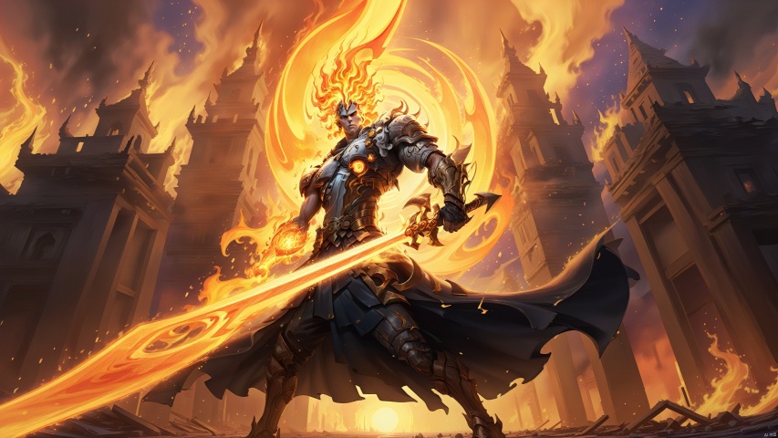 In the ruins of a dilapidated city, a mechanical warrior wields a giant energy sword, with burning flames and crumbling buildings behind him. The camera quickly switches to capture the moment of each swing. The sword light cuts through the night sky, and the flames are in the sky. Dancing around, showing a fierce battle scene, giving people a strong sense of shock