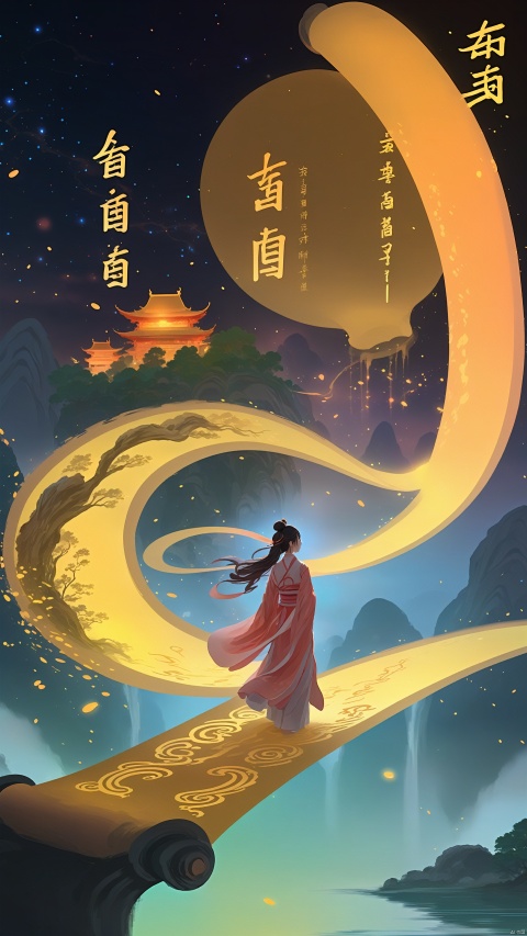 Ash,(Huge scroll floating in the sky) A girl, fantasy concept, glowing text color river particles, scenery, trees, mountains, Zen Chinese festival aesthetics