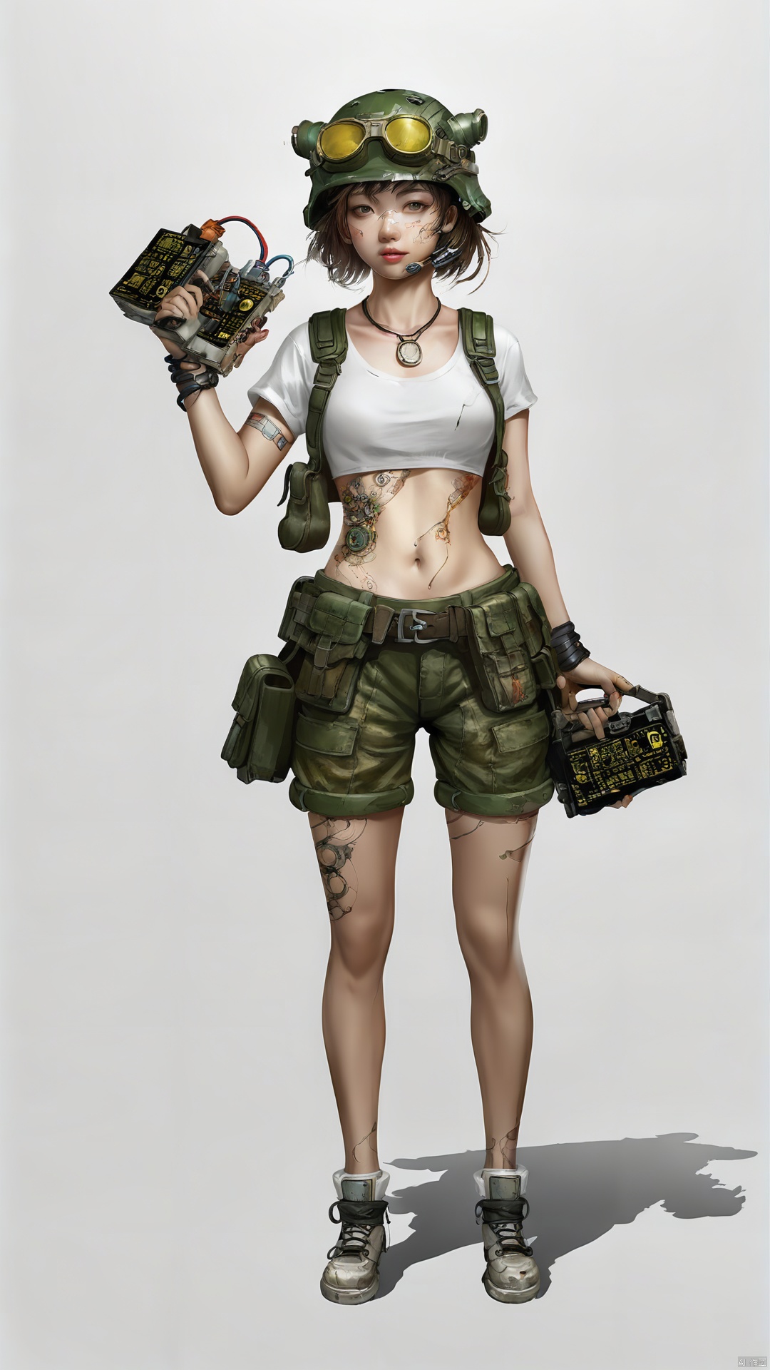 The Chinese-style girl wore a pair of ripped camouflage shorts and a simple white T-shirt, with an old circuit board tied to her chest as a pendant. The skin is exposed to sunlight and carries light mechanical oils and dust. Wearing a steel helmet with a few scuffs on his head, a belt on his arm holding various tools