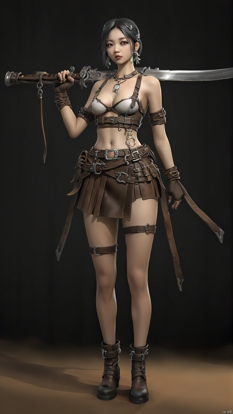 The Chinese-style girl wears a simple leather bra, with a scrap cloth belt tied behind her back, and simple metal jewelry hanging on her arms and waist, shimmering with light. She wears a short skirt on her lower body, revealing her slender legs, which are wrapped with leather straps, showing the wild beauty of wasteland women. Wearing simple leather boots, every step has a unique rhythm