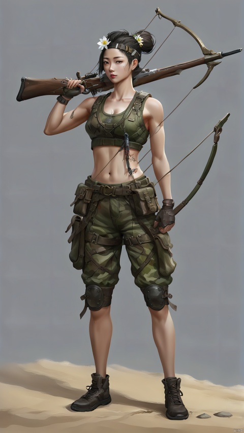 The Chinese-style woman wore worn-out camouflage shorts and a simple sports vest, showing off her toned figure and smooth skin. A simple ammunition bag made of discarded bullet casings and leather was hung on his body. His hair was naturally scattered, with a wild flower on his head. Holding a short bow and quiver, he is agile