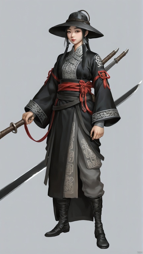 The Chinese-style girl wears a black Chinese-style gown. The fabric has traces of time, and is paired with gray stockings, which looks simple yet fashionable. There was a black wide-brimmed hat on his head, with a few old ropes wrapped around the brim. Holding a long iron sword, the sword is engraved with ancient runes, and his eyes reveal a sense of perseverance and determination.