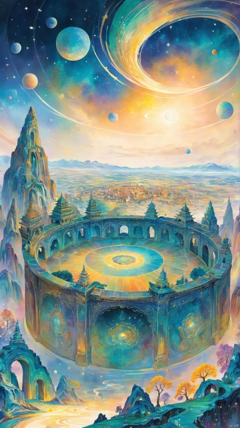  Ancient color (cosmic perspective), overlooking the entire fairy city, as if a huge stone scroll spread on the horizon. The details of the city can be clearly seen on the scroll, and the paintings on the pavilions and walls are like huge paintings, which are breathtaking