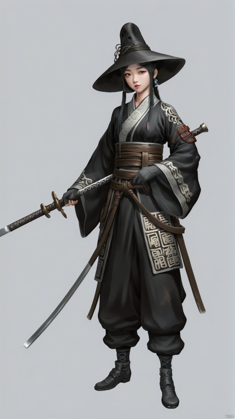 The Chinese-style girl wears a black Chinese-style gown. The fabric has traces of time, and is paired with gray stockings, which looks simple yet fashionable. There was a black wide-brimmed hat on his head, with a few old ropes wrapped around the brim. Holding a long iron sword, the sword is engraved with ancient runes, and his eyes reveal a sense of perseverance and determination.