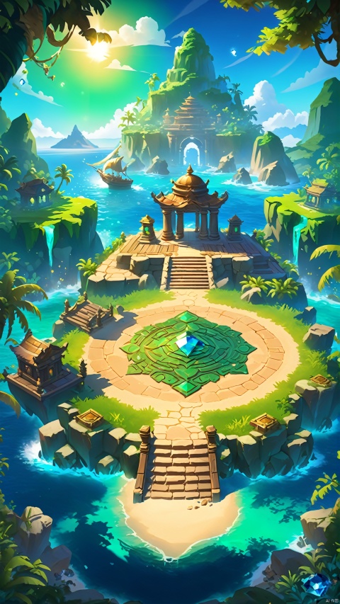 A mysterious treasure island surrounded by a blue sea. The island is covered with dense forests and emerald green meadows that emit a fresh scent. In the center of the island, the player finds an ancient temple, the walls of which are inlaid with sparkling gems that emit a mysterious light