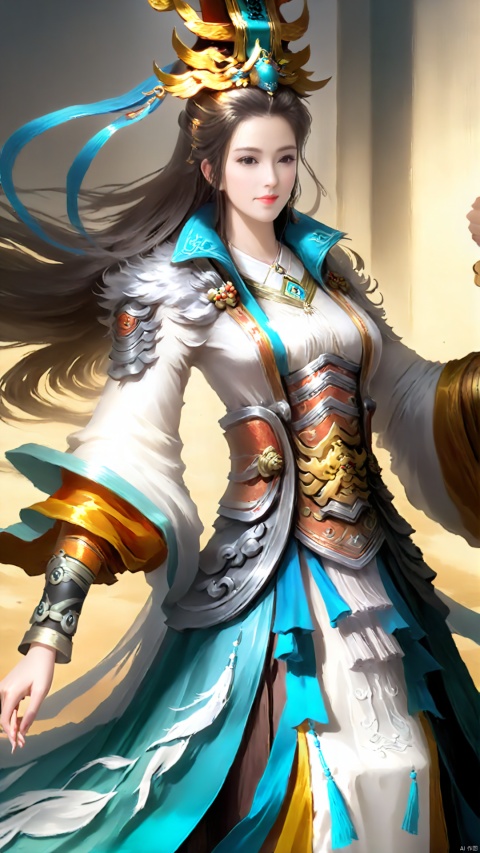 (half-figure Chinese ancient military long-faced female commander), game cg (hyper-realistic thick brushstrokes: 1.5), face like spring water, hair flowing