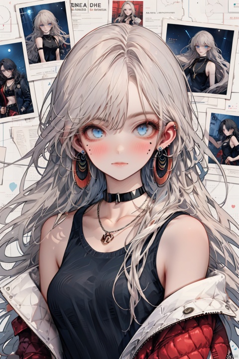 paper background, 1girl, jewelry, long hair, solo, mole, mole under eye, looking at viewer, earrings, choker, upper body, blue eyes, black choker, closed mouth, necklace, bare shoulders, white hair, jacket, bangs, blush, off shoulder, collarbone, sleeveless, tank top, wavy hair, photo (object), breasts, shirt